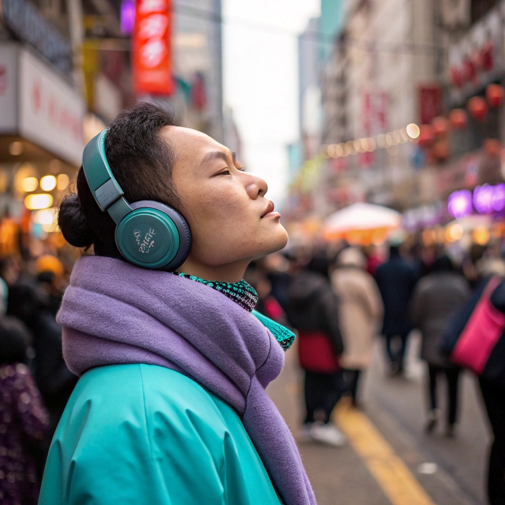 Person wearing noise-cancelling headphones in a busy environment