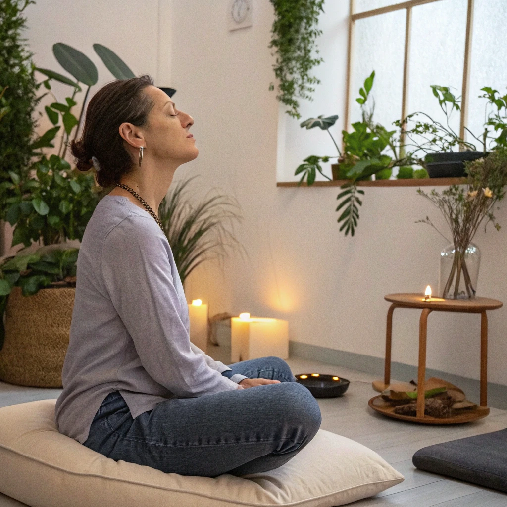 Person practicing basic breathing techniques in a comfortable seated position